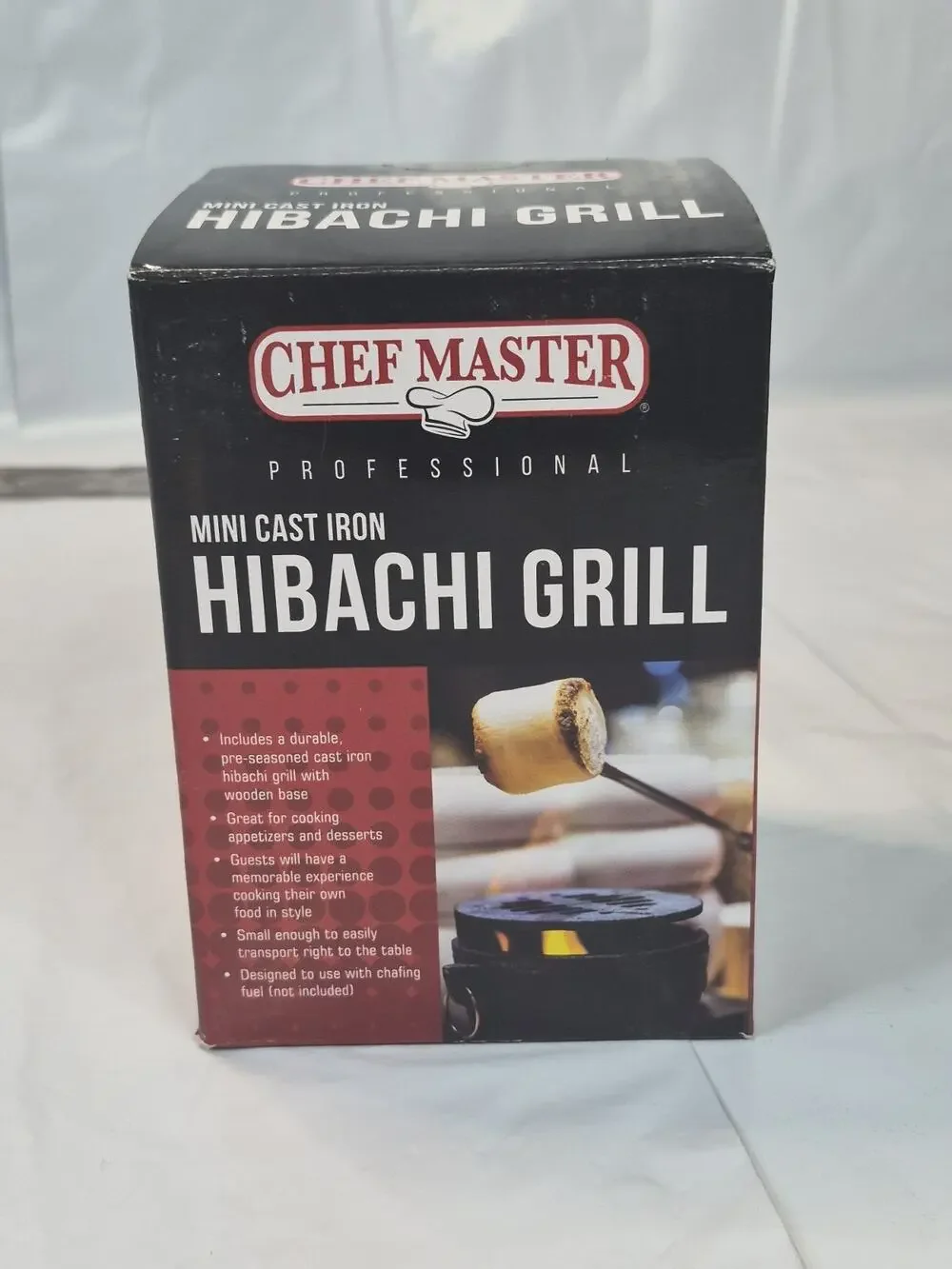 ChefMaster Cast Iron Mini Hibachi Grill, Indoor S'mores, Appetizers, Wooden Base